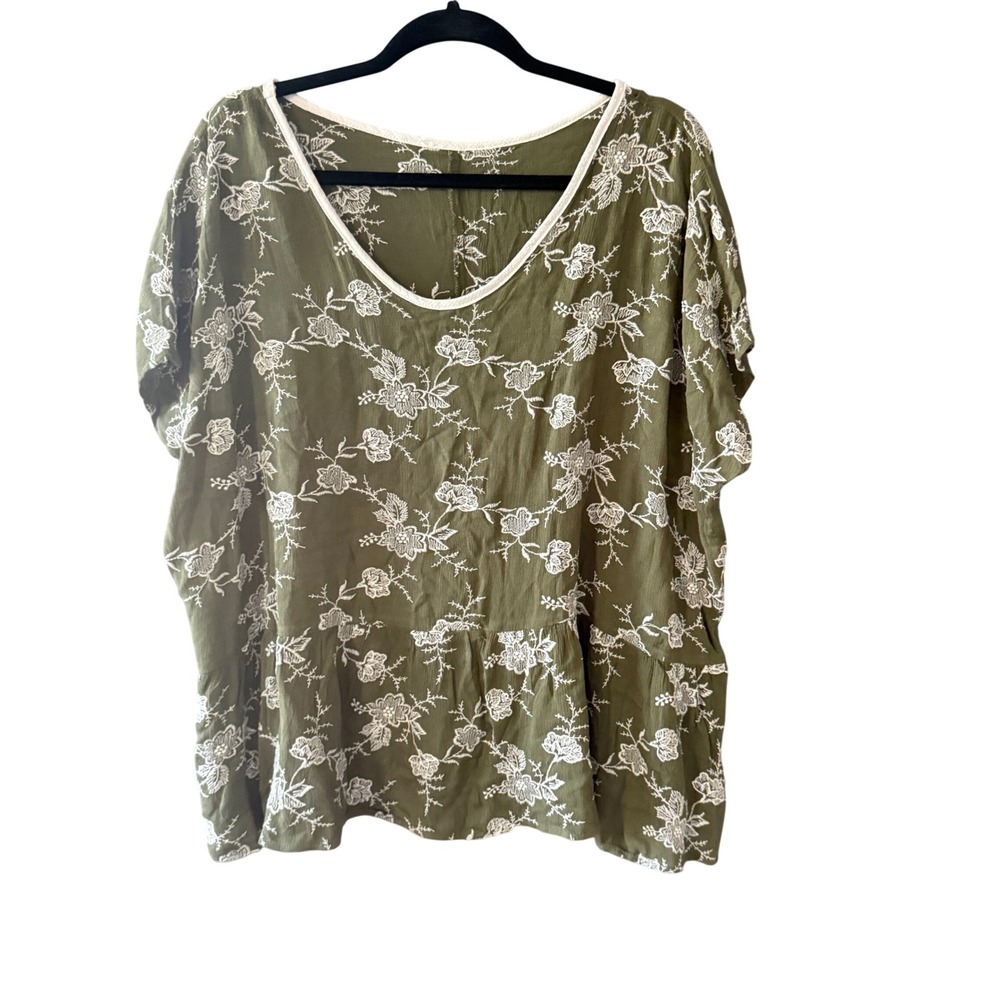 Olive Green Floral Embroidered Peplum Babydoll Top‎ Short Sleeve Boho Peasant